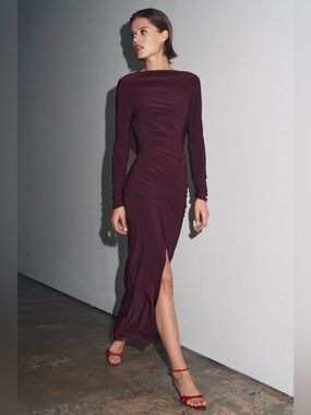 Zara Long-Sleeve Ruched Evening Maxi Dress Open Back in Deep Plum Burgundy